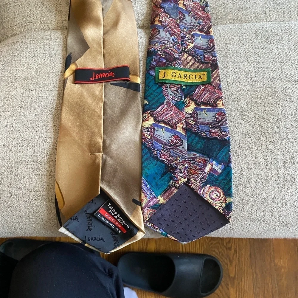 J. Garcia Vintage Silk Tie Set – Black & Gold Abstract + Multicolor Pattern